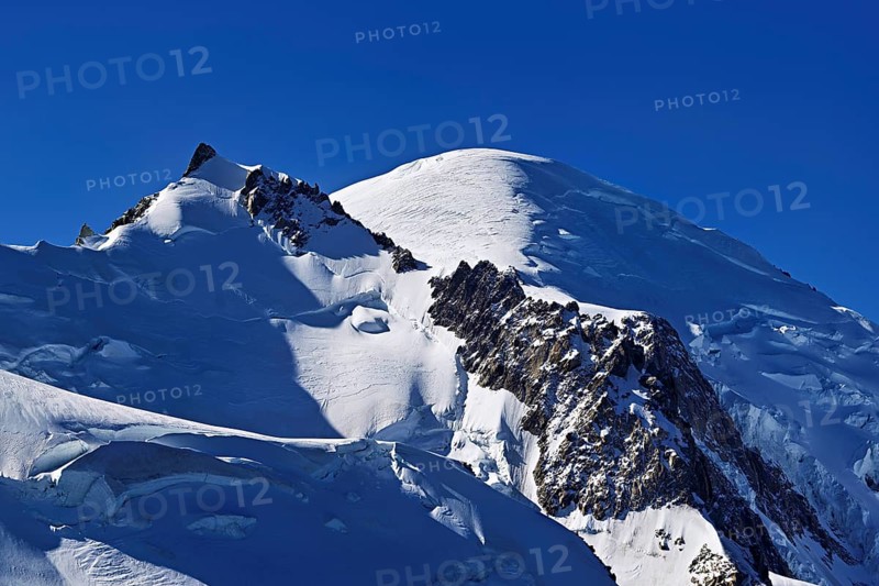 Mont Maudit covered with snow from the left, Mont-Blanc, Aiguille du Midi mountain station viewing platform, Chamonix-Mont-Blanc, Haute-Savoie, France