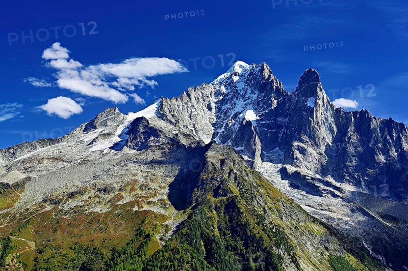 From left, snow-covered Aiguille Verte, Aiguille du Dru, Chamonix-Mont-Blanc, Haute-Savoie, France
