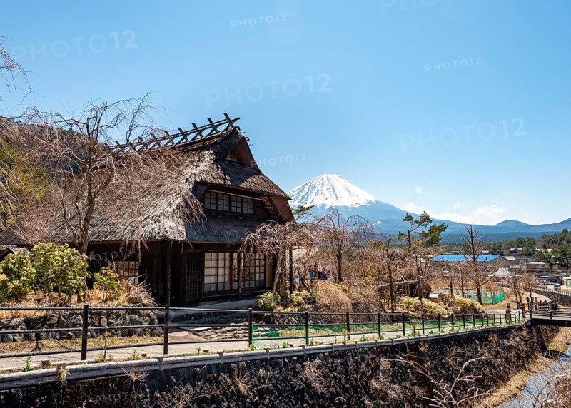 Iyashinosato open-air museum, old Japanese village with traditional houses, at the back volcano Mt. Fuji, Fujikawaguchiko, Saiko, Japón