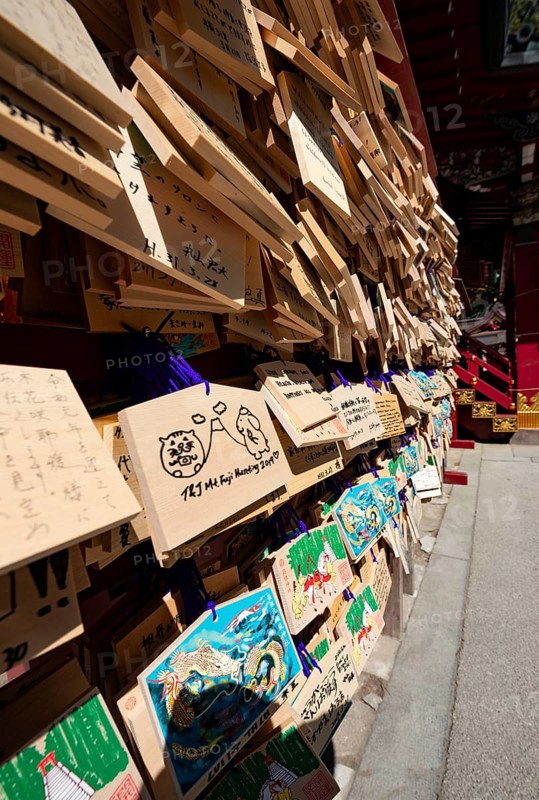 Ema, small wooden tablets with wishes and prayers, hung so that the Kami spirits or gods can receive them, Hakone Shrine, Hakone, Japan