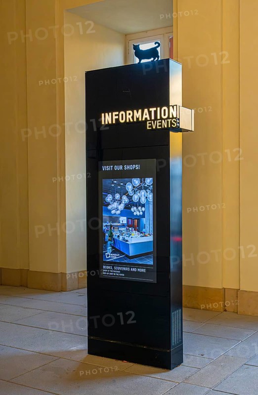 Black information columns with LED screen and notes, Humboldt Forum Berlin, Germany