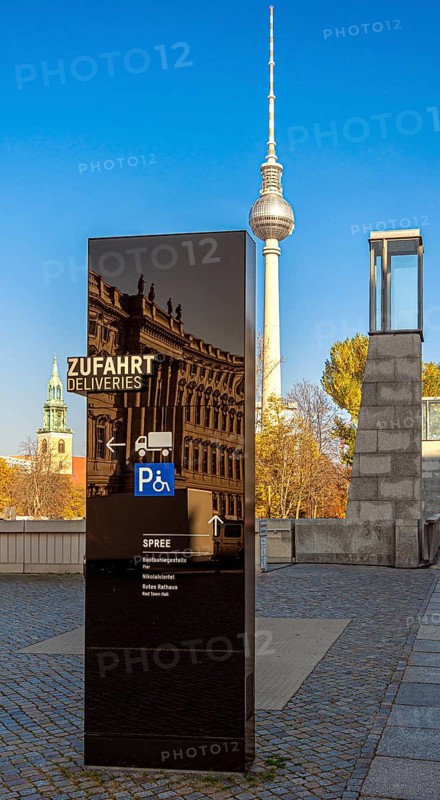 Black information columns with signs and signs on the forecourt of the Humboldt Forum Berlin, Germany