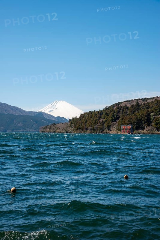 View of Lake Ashi with Mount Fuji volcano and peace torii from Hakone Shrine, Hakone, Japan