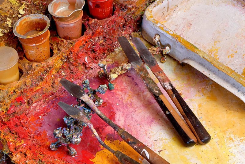 Colored painting supplies and tools, a painter's color palette, oil paints, Zürich, Switzerland