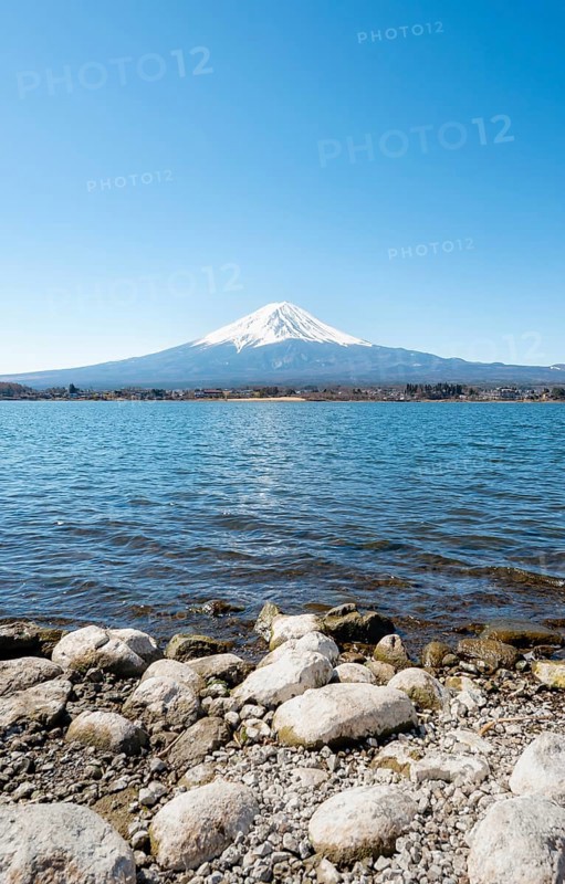 Lake Kawaguchi with volcano Mt. Fuji, Yamanashi Prefecture, Japan