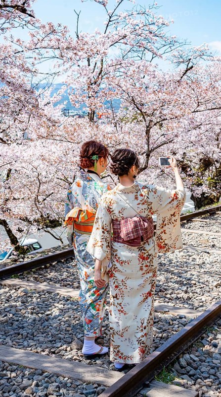 Keage Incline, two Japanese women wearing kimonos taking selfies on old tracks, cherry trees blooming on disused tracks, Hanami, cherry blossoms in spring, Kyoto, Japan
