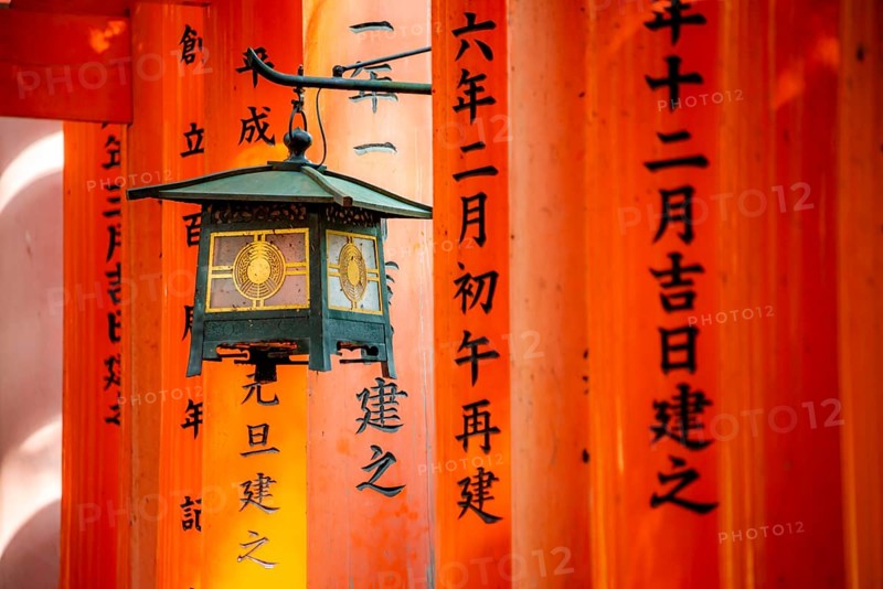 Lantern between red torii gates, hundreds of red traditional torii gates, Fushimi Inari-taisha, Shinto shrine, Fushimi Inari-taisha Okusha Hohaisho, Kyoto, Japan