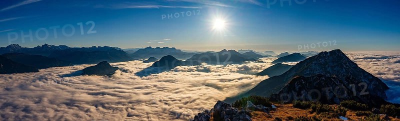 Panoramic picture, alpine panorama with Berchtesgaden Alps, Loferer Steinberge, Wilder Kaiser and Chiemgau Alps, fog in the valley, Hochsraufen, Upper Bavaria, Bavaria, Germany