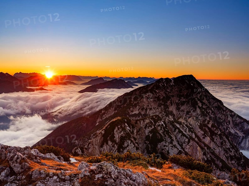 Alpine panorama at sunset, fog in the valley, Hochstaufen, Chiemgau Alps, Upper Bavaria, Bavaria, Germany