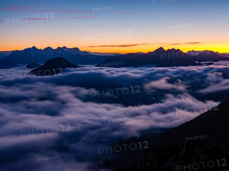 Alpine panorama at dusk, fog in the valley, Hochstaufen, Chiemgau Alps, Upper Bavaria, Bavaria, Germany