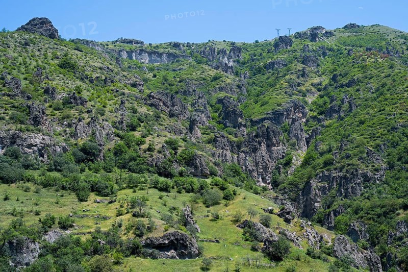 Green landscape with rocky gorge and lush vegetation, landscape near Goris, Hoodoos, Syunik province, Syunik, Armenia