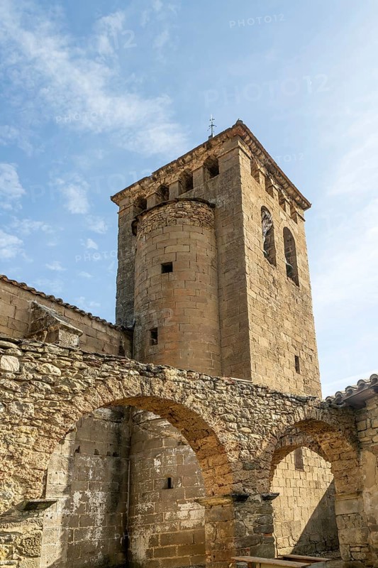 Historic church tower medieval village of Longás, Val d'Onsella, Zaragoza province, Aragon, Spain