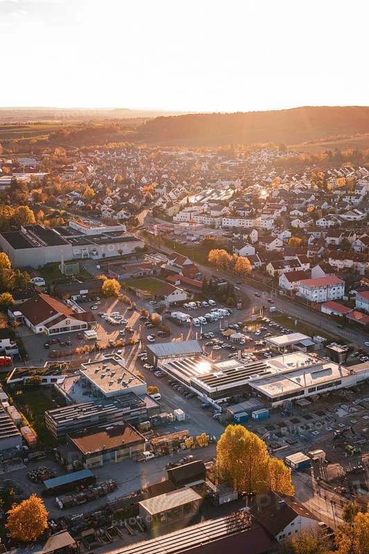 Small town at sunset with autumn colors and houses standing close together, Großbottwar, Germany