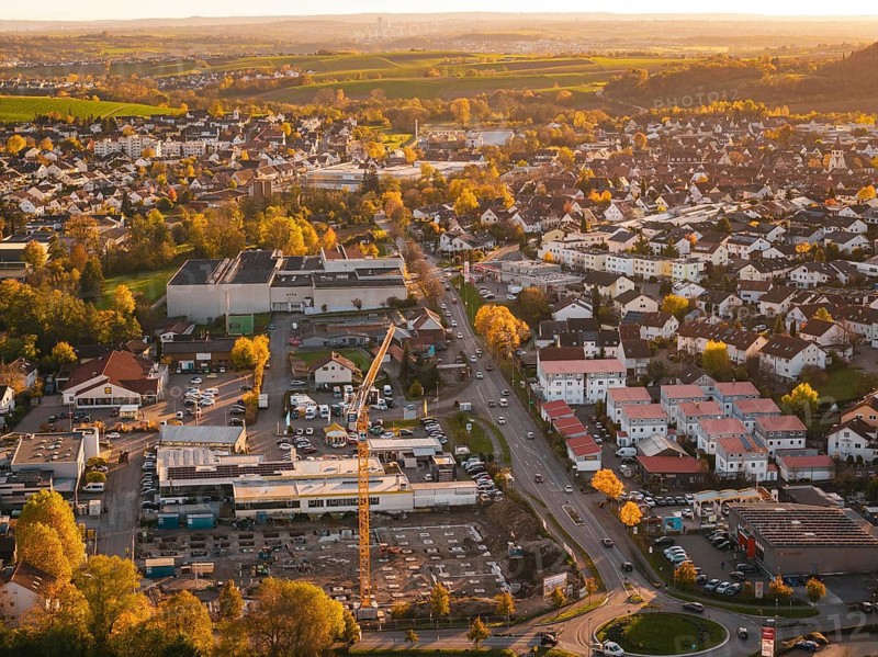 City view with clear streets and warm evening autumn light, Grossbottwar, Germany