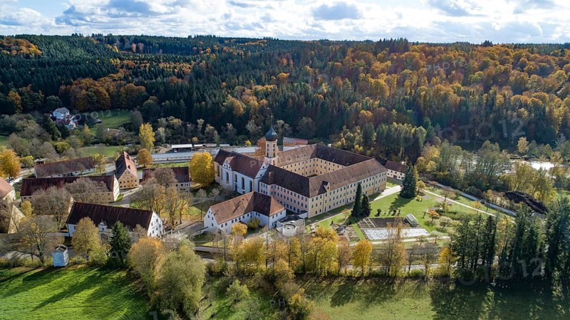 Aerial view of the Cistercian Abbey of Oberschönenfeld in the Augsburg Western Forest nature park Park, administrative district of Swabia, Bavaria, Germany