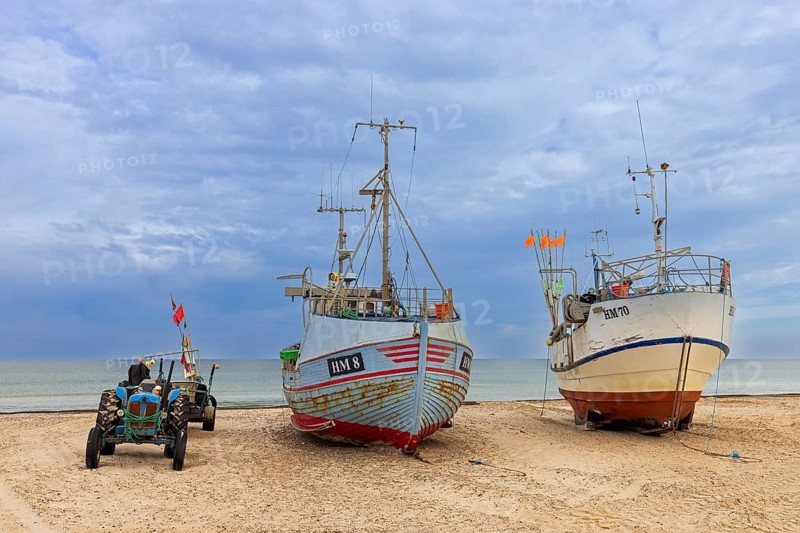 Fishing boats beached on Thorup Strand, Thorupstrand, fishing village on the Skagerrak in Jammerbugt Municipality, North Jutland Region, Denmark
