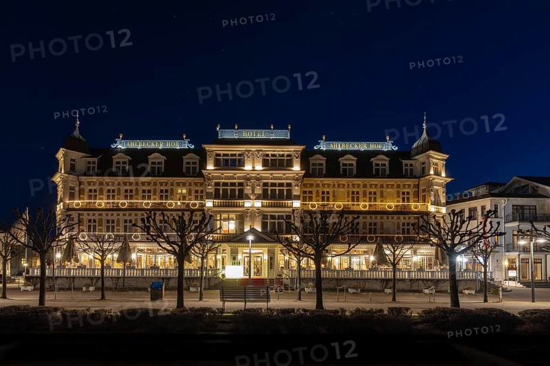 Hotel Ahlbecker Hof illuminated at night in seaside resort Ahlbeck, Heringsdorf on the Isle of Usedom, Mecklenburg-Vorpommern, Germany