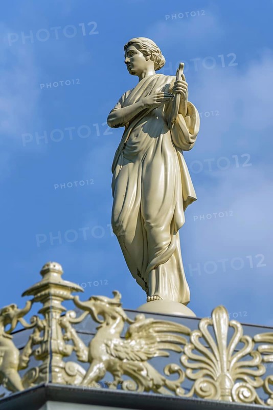 Greek Muze Erato, griffins and palmettes decorating 1885 Kiosk, music pavillion at the Citadelpark, city park at Ghent, East Flanders, Belgium