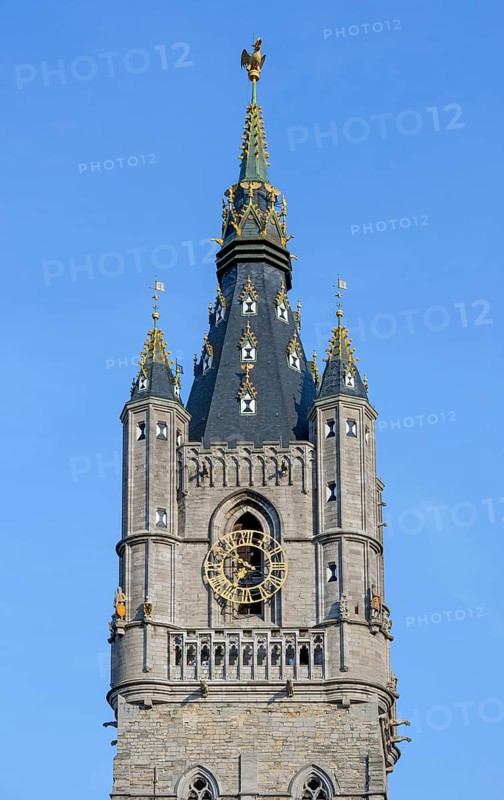 Belfry of Ghent, 91-metre-tall medieval tower with spire topped with gilded dragon in the old city centre of Ghent, Gent, East Flanders, Belgium
