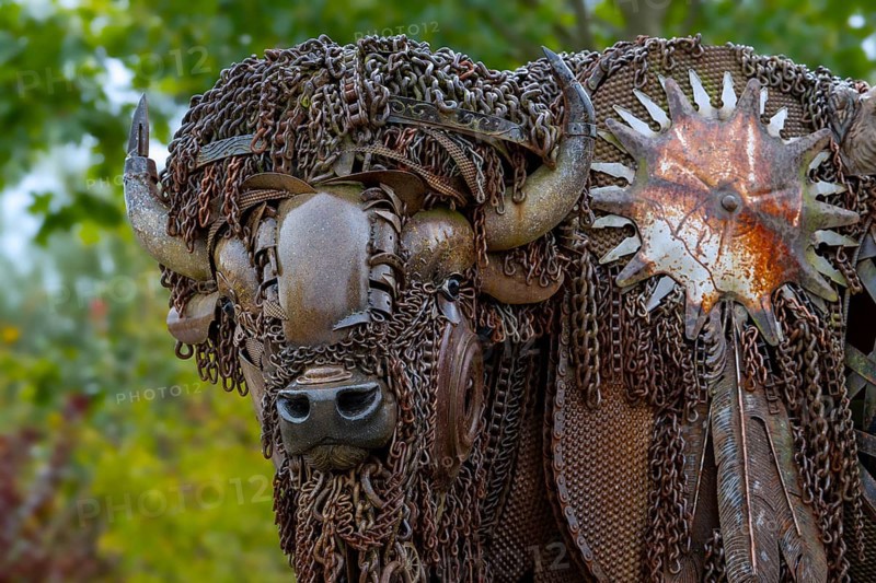 Close-up of life-size bison metal sculpture made out of discarded farm equipment, chains and bronze by American sculptor John Lopez