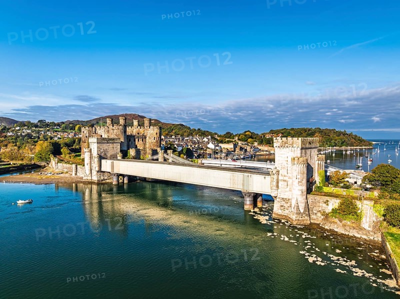 Conwy Castle over River Convy from a drone, Convy, North Wales, England, United Kingdom