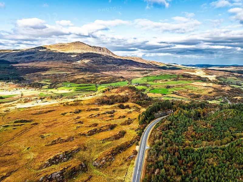 Snowdonia National Park over Road A470 from a drone, Crimea Pass, Blaenau Dolwyddelan, Wales, England, United Kingdom