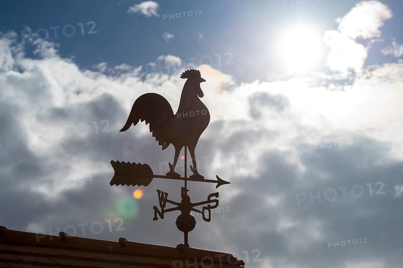 Silhouetted weather vane against cloudy sky with bright sun, Baden-Württemberg, Germany