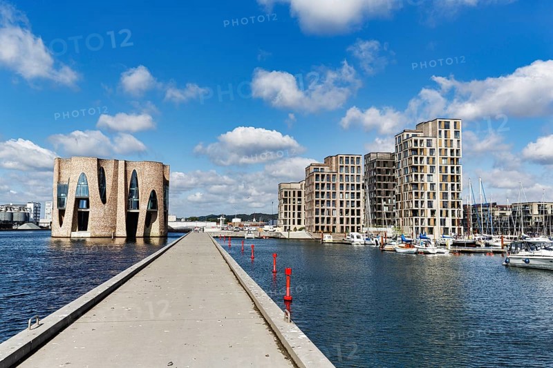 Havneøen, harbour island with fjord house, artist Olafur Eliasson, modern architecture, Vejle, Vejle Fjord, Jutland, Denmark