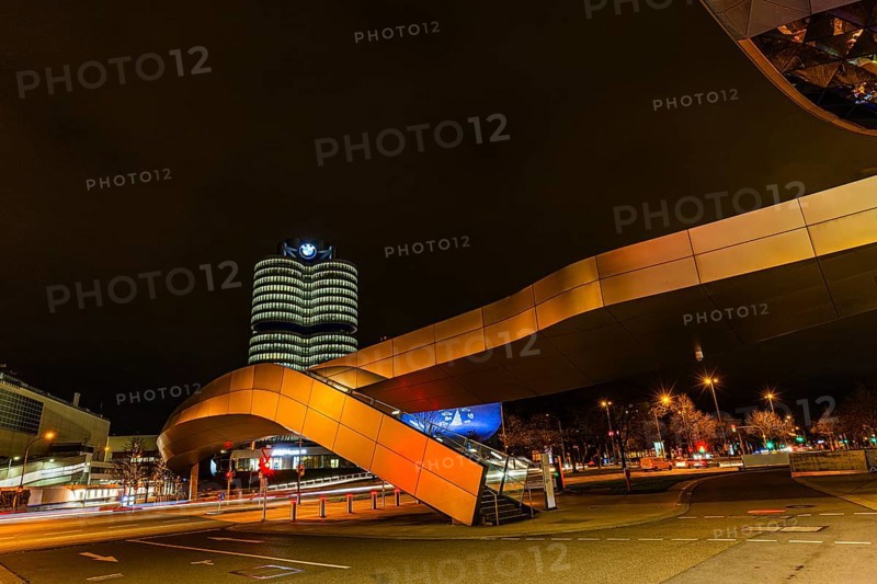 Federally illuminated BMW world, Petuelring, the BMW headquarters office tower in the back, Munich, Upper Bavaria, Bavaria, Germany
