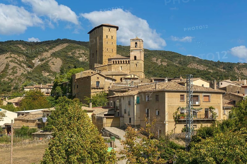 Historic castle and church medieval village of Biel, Cinco Villas, Zaragoza province, Aragon, Spain