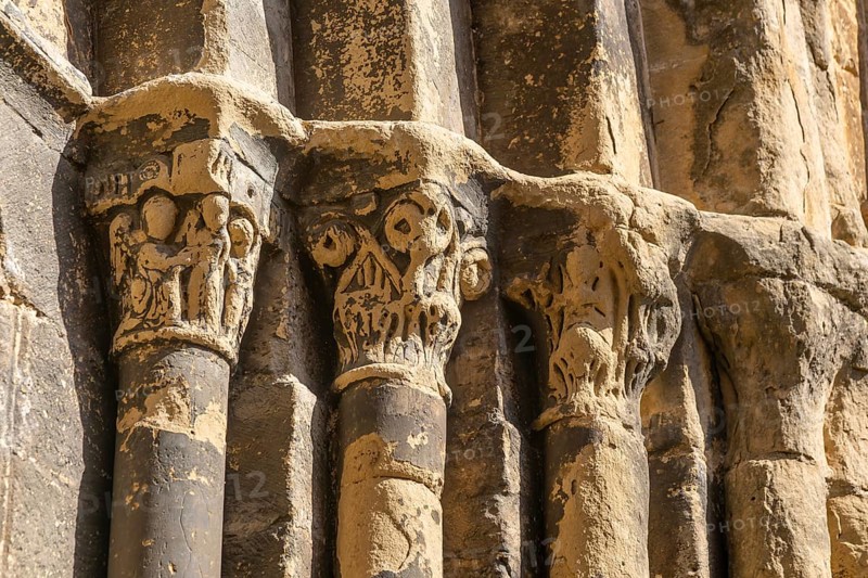 Stonework religious carvings, Iglesia del Salvador church, village of Luesia, Cinco Villas, Zaragoza province, Aragon, Spain