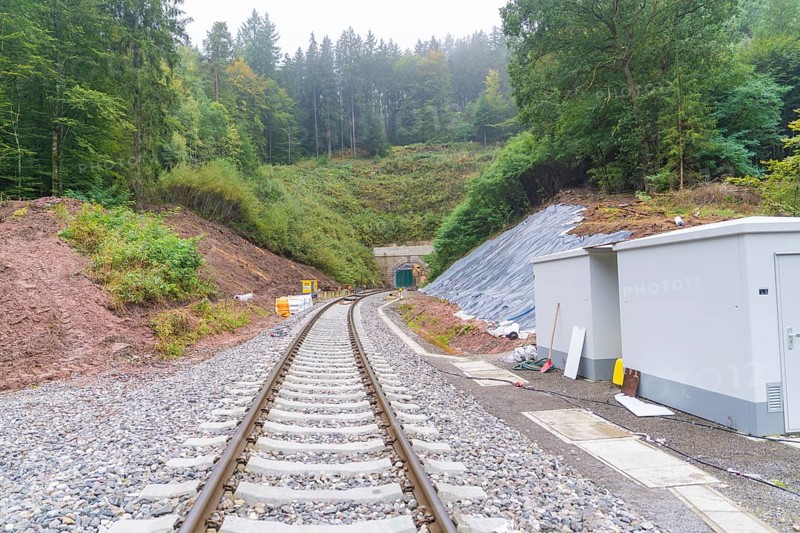 Railroad tracks lead through wooded landscape to a tunnel opening, construction of Hermann, Hesse, Bahn, Calw, Germany