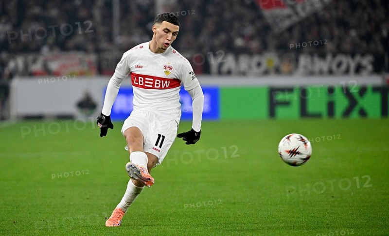 Bilal El Khannouss VfB Stuttgart (11) Ball action Europa League, MHPArena, MHP Arena Stuttgart, Baden-Württemberg, Germany