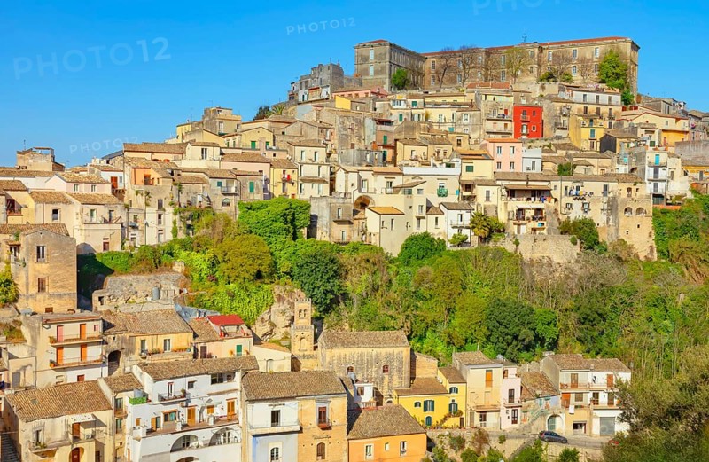 Low angle view of Ragusa Ibla historic town, Ragusa Ibla, Ragusa province, Sicily, Italy