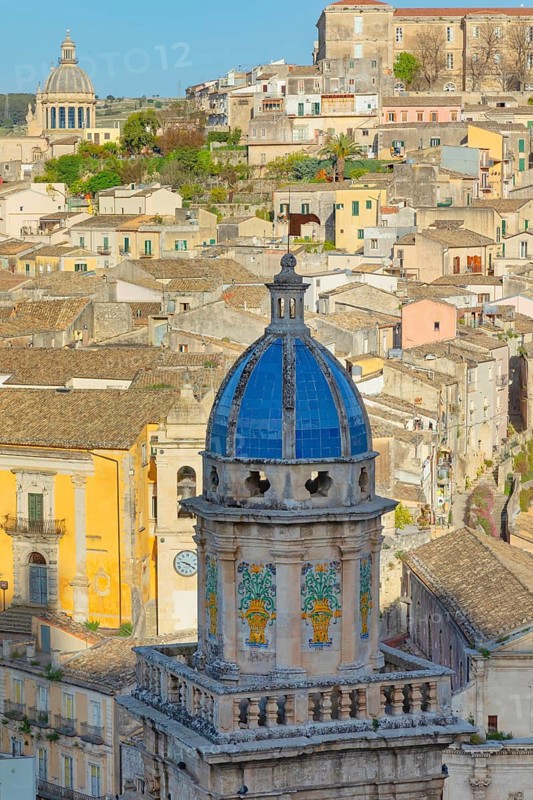 Elevated view of the church of Santa Maria dell'Itria and Ragusa Ibla in the distance, Ragusa Ibla, Ragusa province, Sicily, Italy