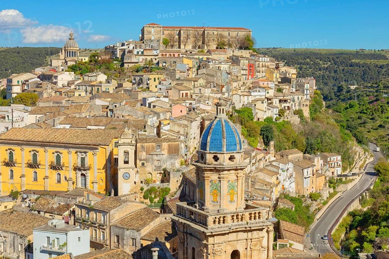 Elevated view of the church of Santa Maria dell'Itria and Ragusa Ibla in the distance, Ragusa Ibla, Ragusa province, Sicily, Italy