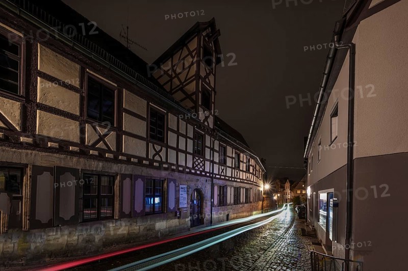Nocturnal view of the former Glockengiesserspital, founded around 1374, Lauf an der Pegnitz, Middle Franconia, Bavaria, Germany