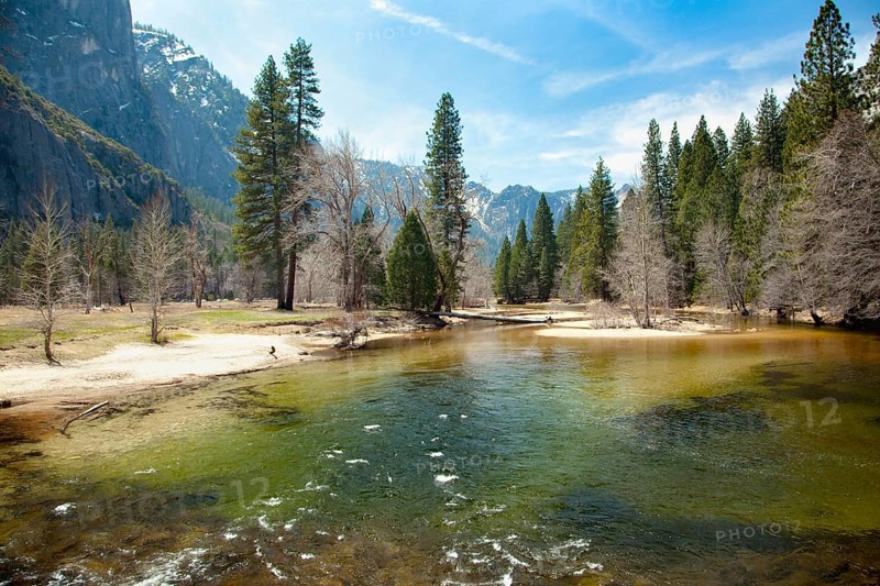 Dramatic yosemite valley river on a spring day