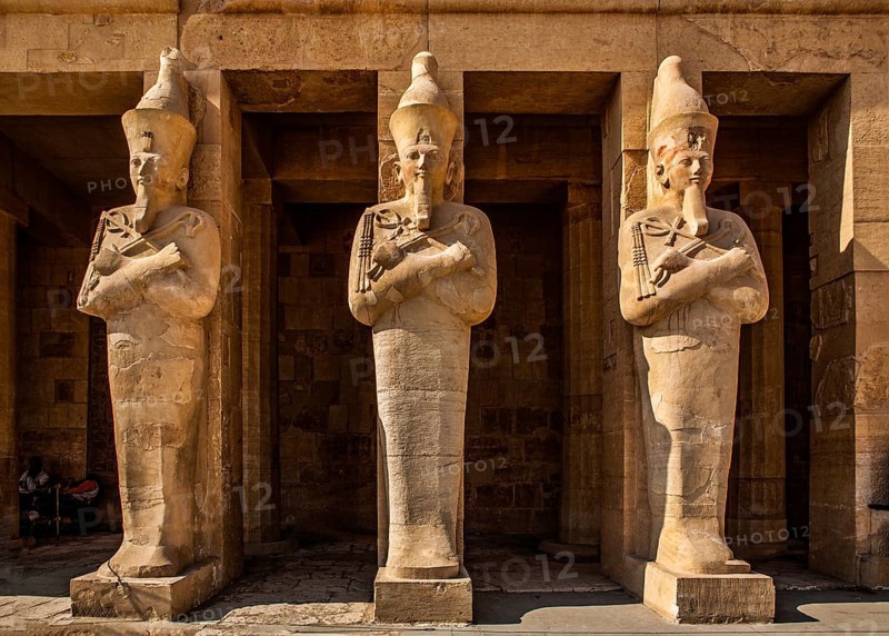 Hatshepsut's larger-than-life (5 m) Osiris statues in the middle colonnade, statues in the robe of the god Osiris, mortuary temple of the pharaoh Hatshepsut - Deir el-Bahari, Luxor, Thebes West, Egypt, Thebes, West