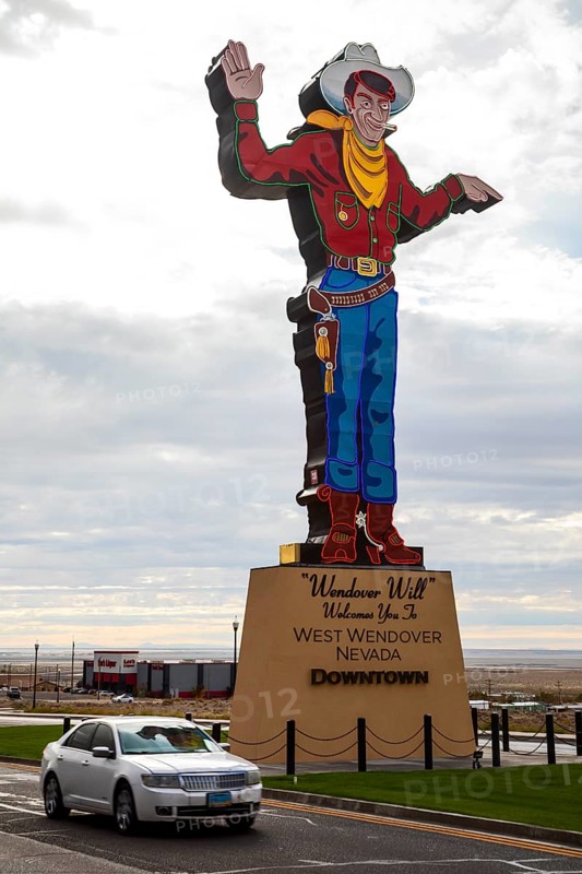 West Wendover, Nevada - Wendover Will, a neon-lit cigarette smoking cowboy, welcomes travelers to West Wendover