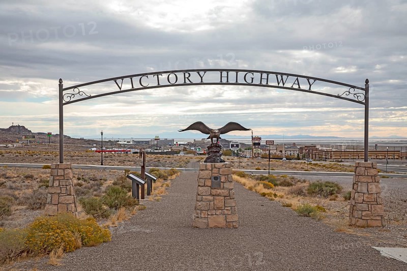 West Wendover, Nevada - A monument with a bronze eagle marks the Victory Highway, a cross-country auto route from the early 1920s that predates the numbered highway system. Most of the Victory Highway later became U.S. Highway 40