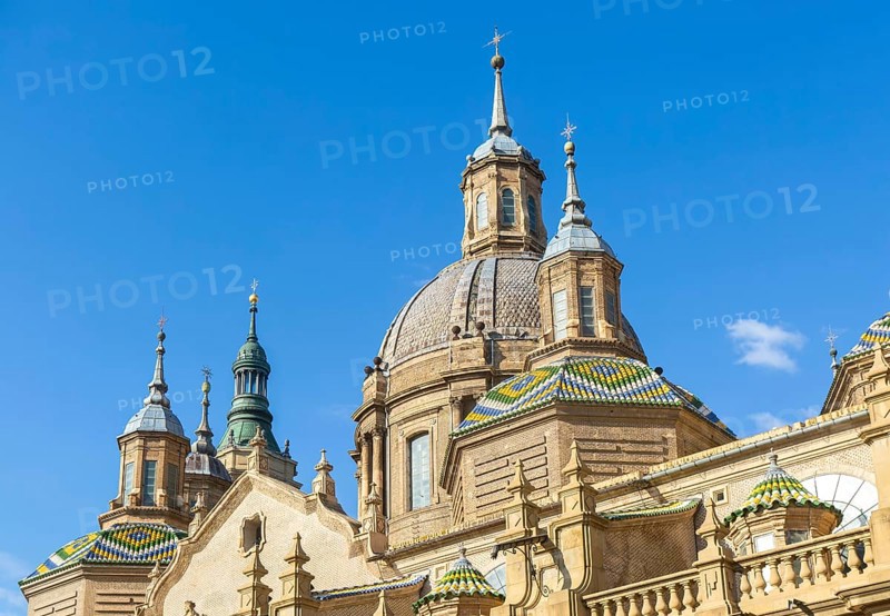 Towers and domes on roof of Basilica of Our Lady of the Pillar cathedral church, Zaragoza, Aragon, Spain