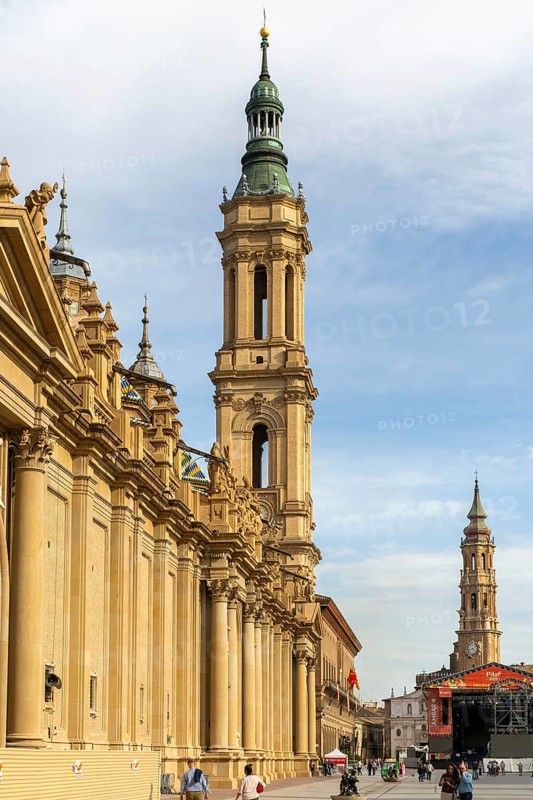 Town rand frontage of basilica of Our Lady of the Pillar cathedral church, Zaragoza, Aragon, Spain