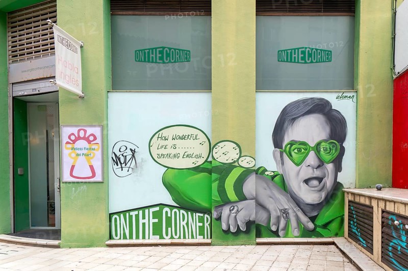 Mural of Elton John on wall of On The Corner English language school college, Zaragoza, Aragon, Spain