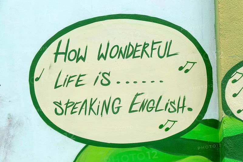 Speech bubble of song 'How Wonderful Life is' promoting English language school college, Zaragoza, Aragon, Spain