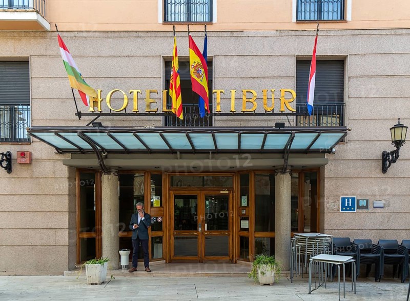 Entrance doorway to Hotel Tibur in city centre of Zaragoza, Aragon, Spain