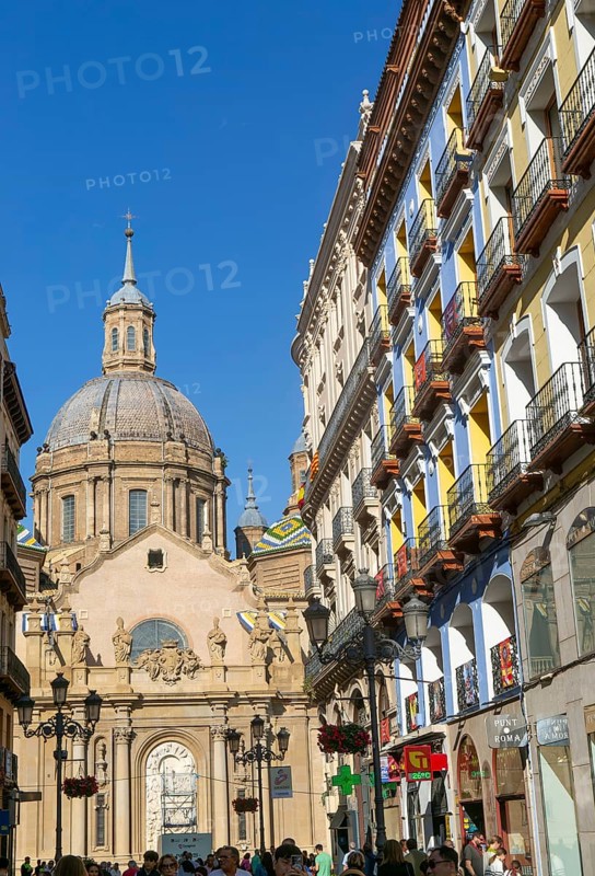 View of Basilica of Our Lady of the Pillar cathedral church from Calle de Alfonso I, Zaragoza, Aragon, Spain