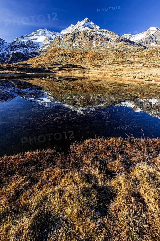 Mountains reflected in lake, morning light, autumn, sunny, Bernina Pass, Engadin, Switzerland