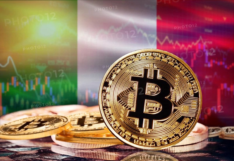 Bitcoin with Italian flag in the background. Investors in cryptocurrency and Blockchain Technology in Italy, Concept
