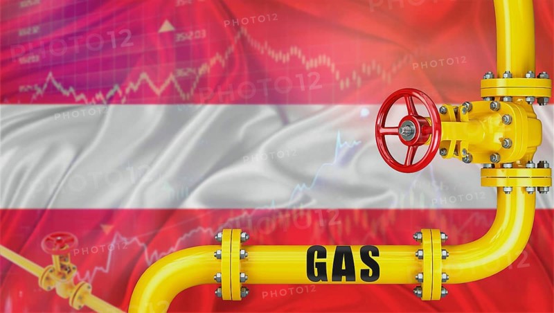 Gas pipeline with the Austria flag in the background. Gas production with Austrian flag on a market chart